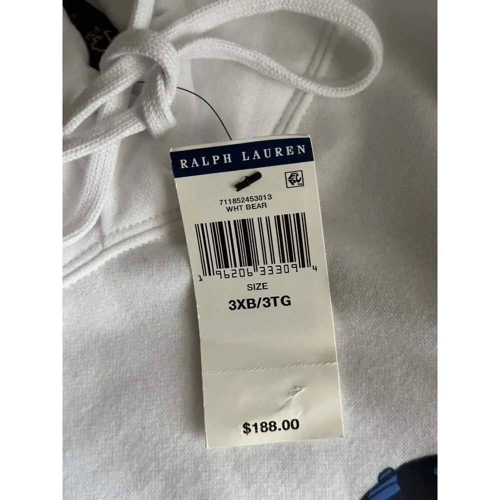 NWT $188 Polo Ralph Lauren Long Sleeve Bear Sweatshirt with Hoodie White 3XB/3TG